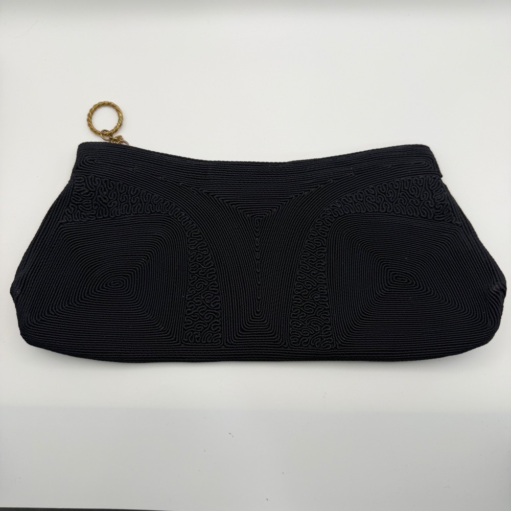 Vintage 1940s Corde Navy Blue Genuine Clutch Evening Bag Brass Zipper Ring Pull